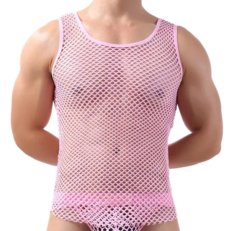 Fashion Men Mesh Tank Tops Hollow Out O Neck Sleeveless Party Vests  See Through Sexy Tops Men Clothing