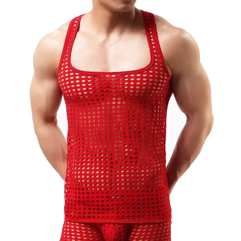 Fashion Men Mesh Tank Tops Hollow Out O Neck Sleeveless Party Vests  See Through Sexy Tops Men Clothing