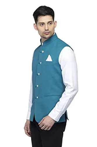 FAVOROSKI Sleeveless Nehru Jacket with Mandarin Collar Waistcoat for Men (Blue_40)