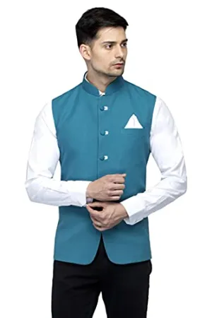 FAVOROSKI Sleeveless Nehru Jacket with Mandarin Collar Waistcoat for Men (Blue_40)