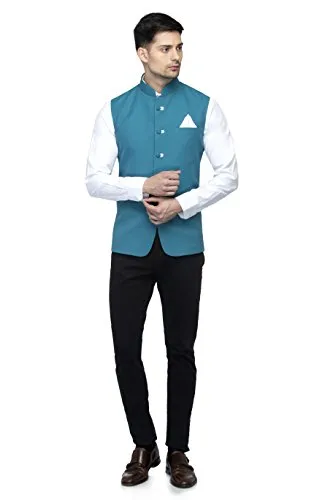 FAVOROSKI Sleeveless Nehru Jacket with Mandarin Collar Waistcoat for Men (Blue_40)