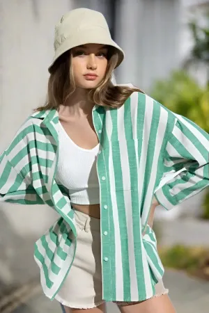 Grass Green Oversized Stripe Button Up Shirt