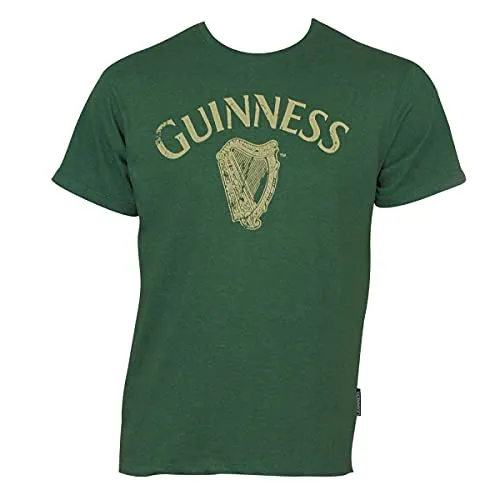 Guinness Vintage Harp Label T-Shirt, Large - Green Cotton Graphic Short Sleeve Tee