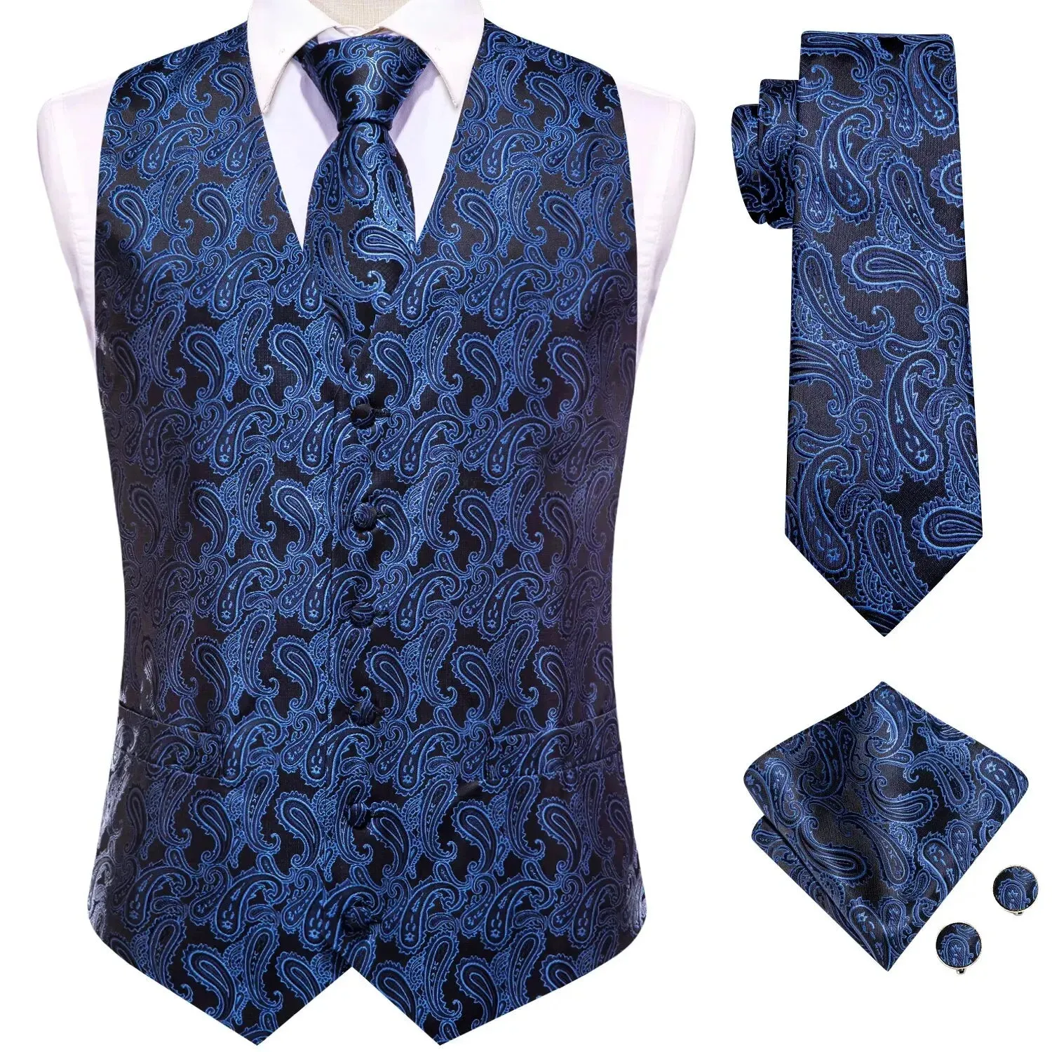 Hi-Tie 4PC Silk Men's Vest With Tie Hanky Cufflink Business Formal Dress Slim Sleeveless Jacket Burgundy Paisley Suit Waistcoat