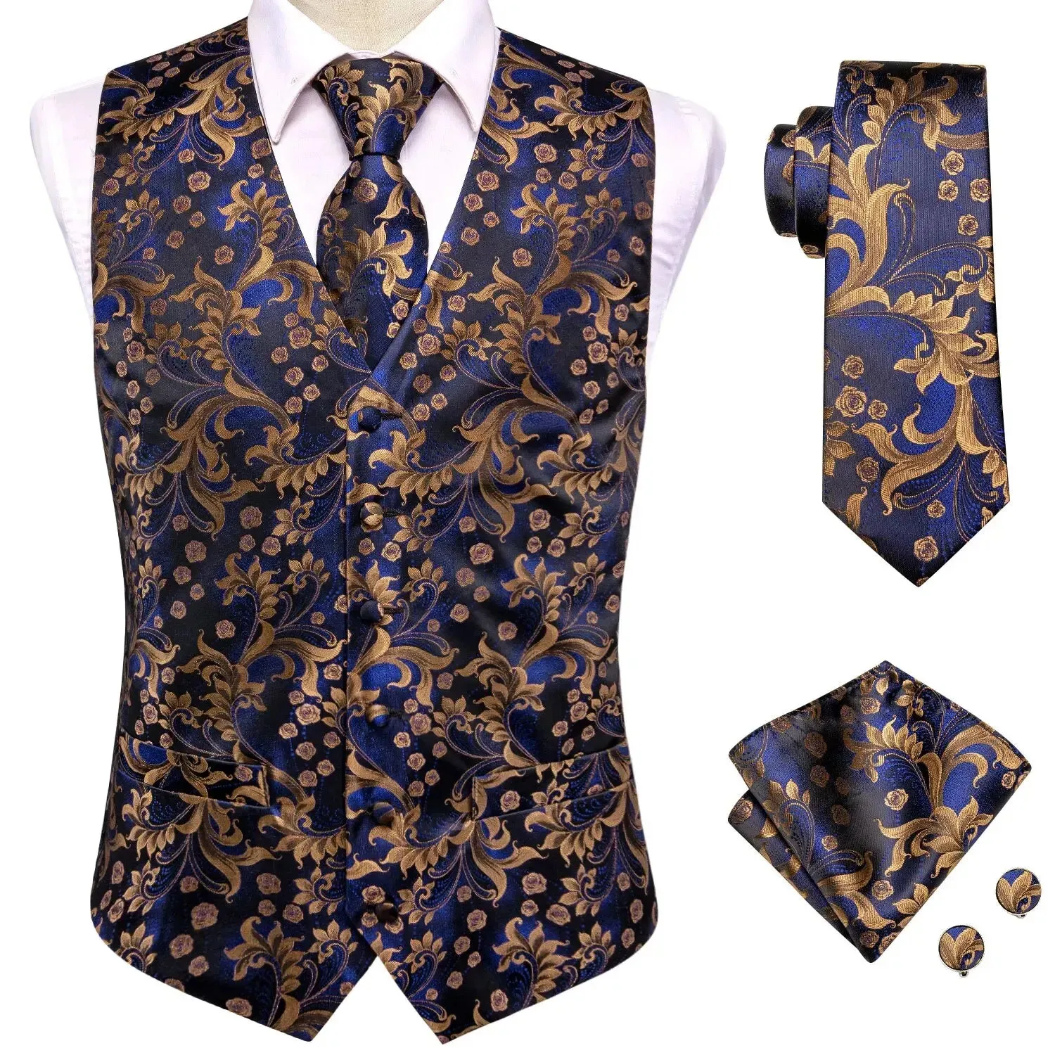 Hi-Tie 4PC Silk Men's Vest With Tie Hanky Cufflink Business Formal Dress Slim Sleeveless Jacket Burgundy Paisley Suit Waistcoat
