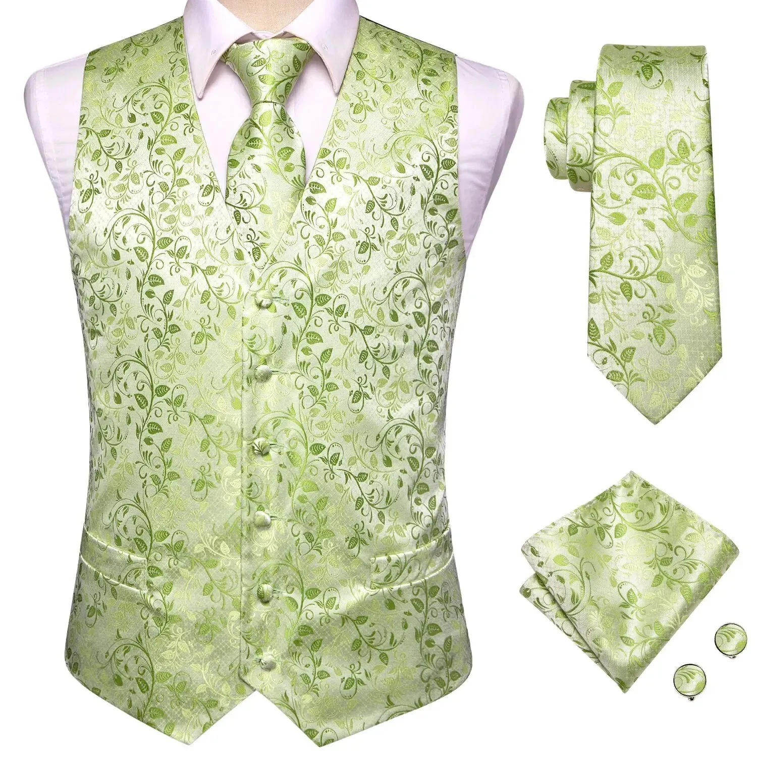 Hi-Tie 4PC Silk Men's Vest With Tie Hanky Cufflink Business Formal Dress Slim Sleeveless Jacket Burgundy Paisley Suit Waistcoat