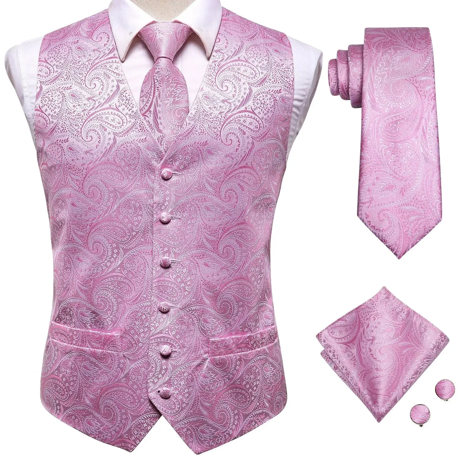 Hi-Tie 4PC Silk Men's Vest With Tie Hanky Cufflink Business Formal Dress Slim Sleeveless Jacket Burgundy Paisley Suit Waistcoat