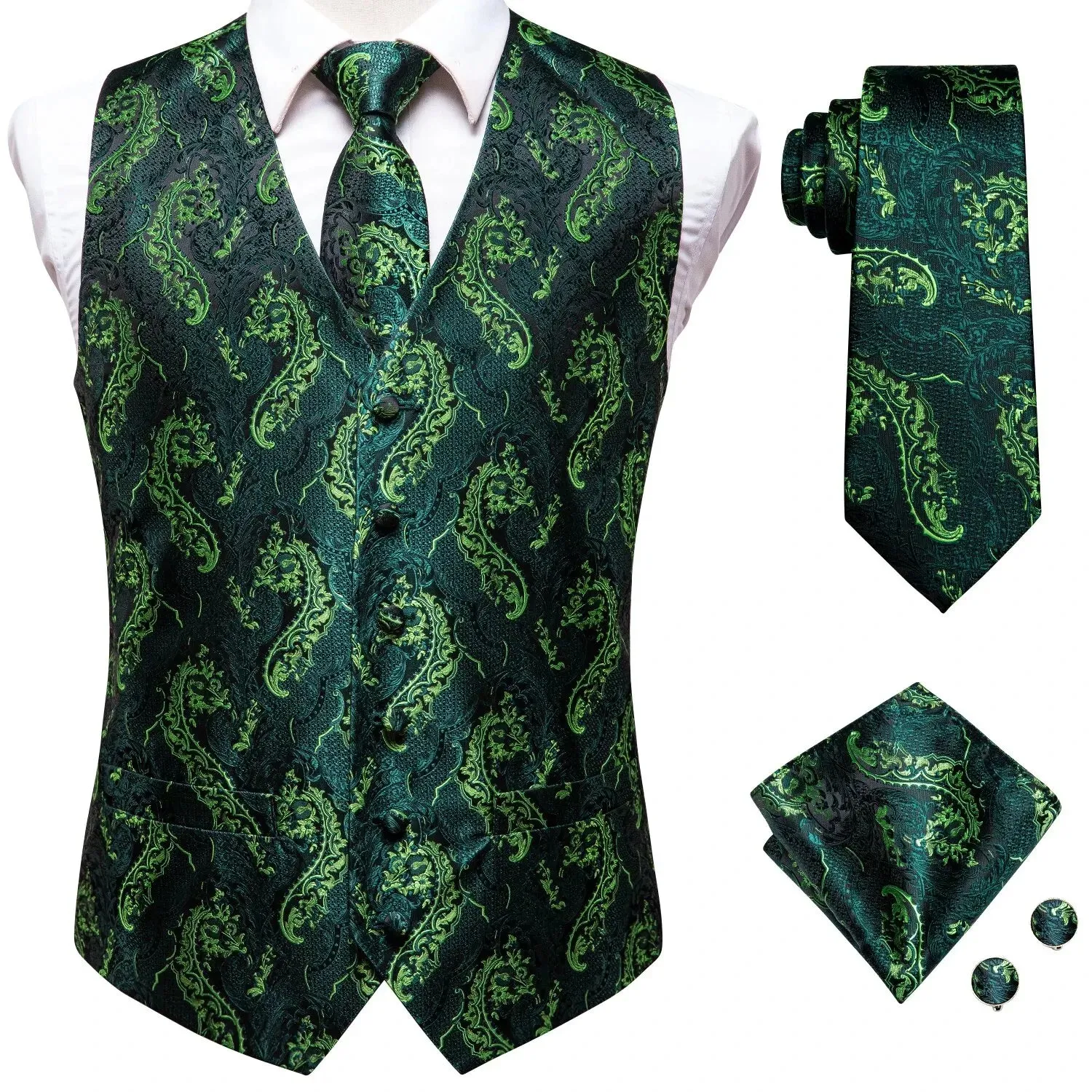 Hi-Tie 4PC Silk Men's Vest With Tie Hanky Cufflink Business Formal Dress Slim Sleeveless Jacket Burgundy Paisley Suit Waistcoat