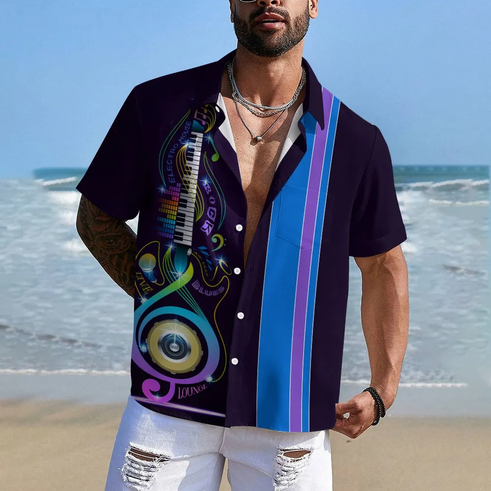 Holiday Music Print Oversized Bamboo Linen Short Sleeve Shirt 2408003214