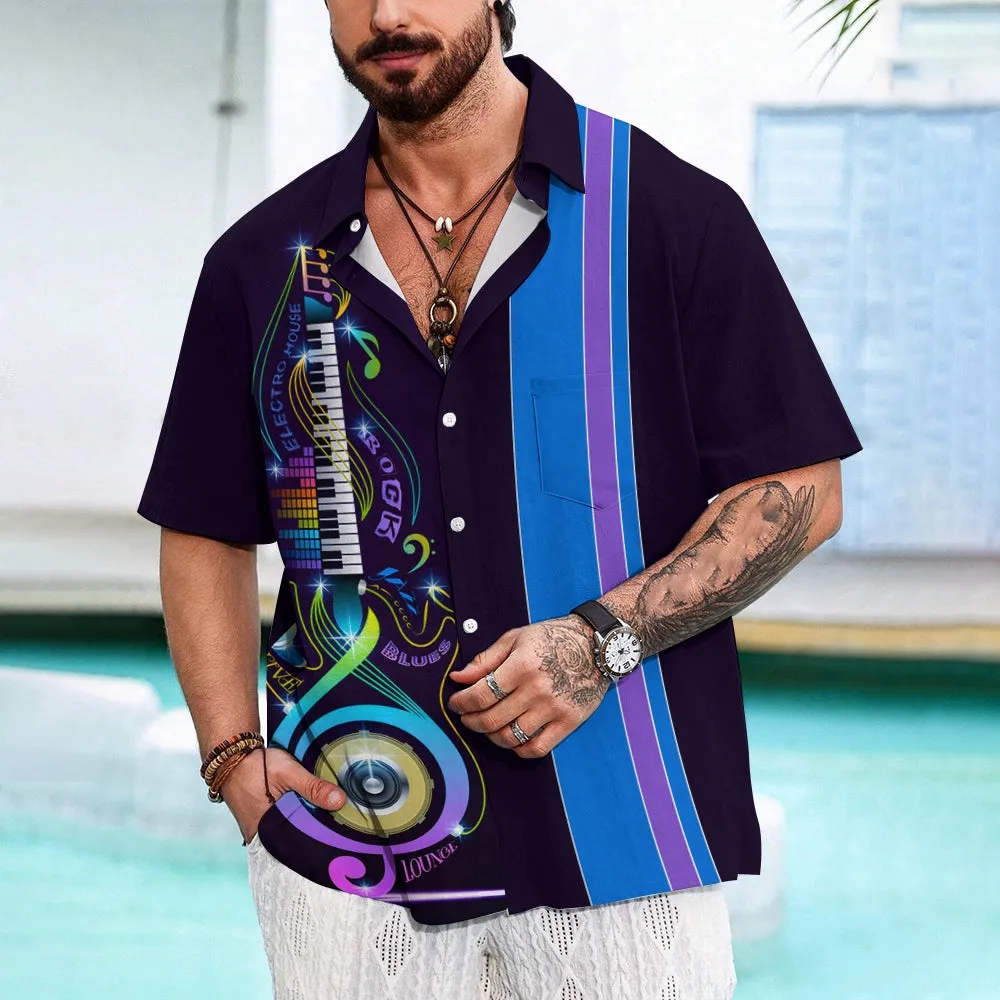 Holiday Music Print Oversized Bamboo Linen Short Sleeve Shirt 2408003214
