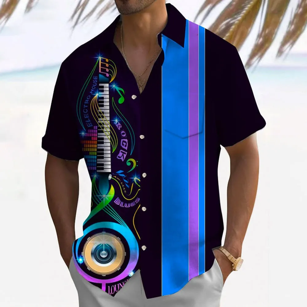 Holiday Music Print Oversized Bamboo Linen Short Sleeve Shirt 2408003214