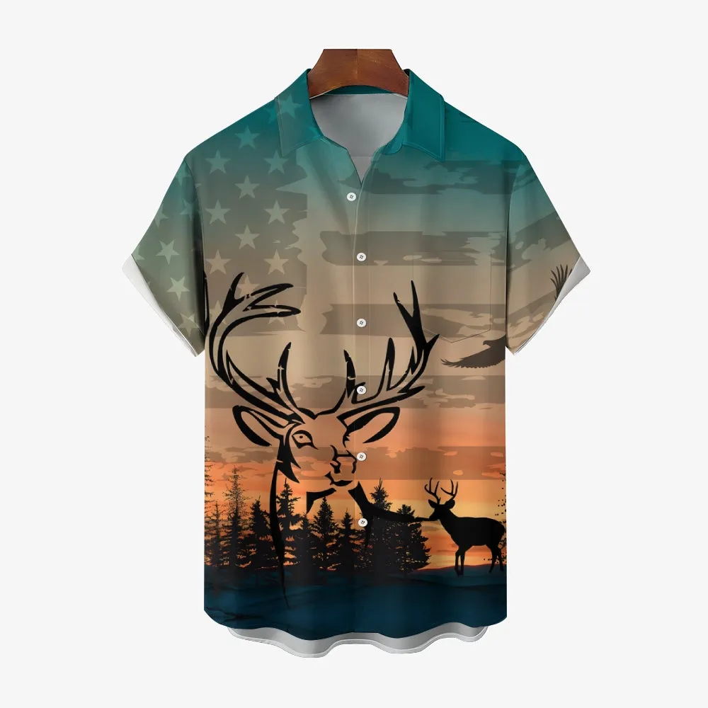 Hunting Deer Print Casual Short Sleeve Shirt 2412003735