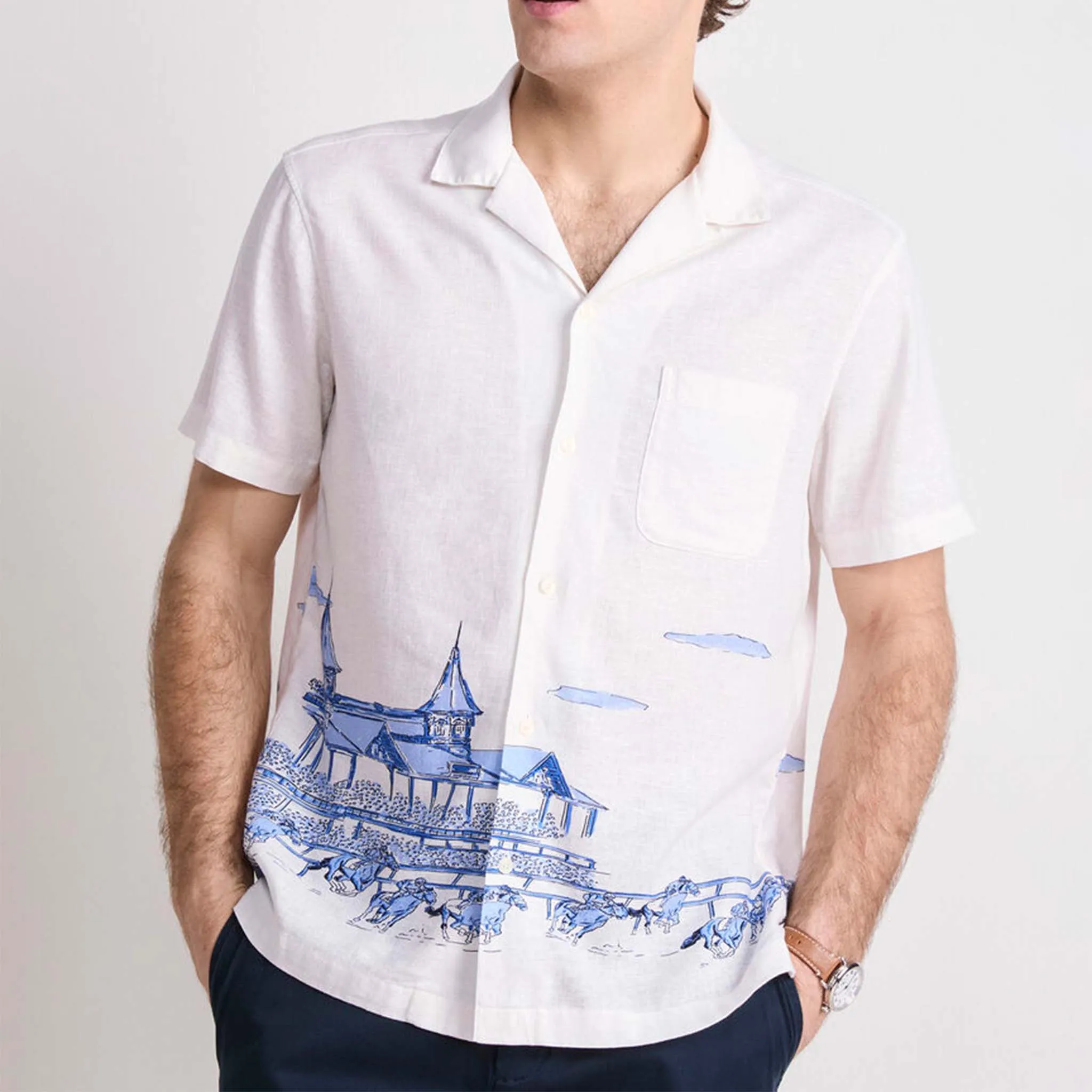 Kentucky Derby Scenic Print Short-Sleeve Cabana Shirt