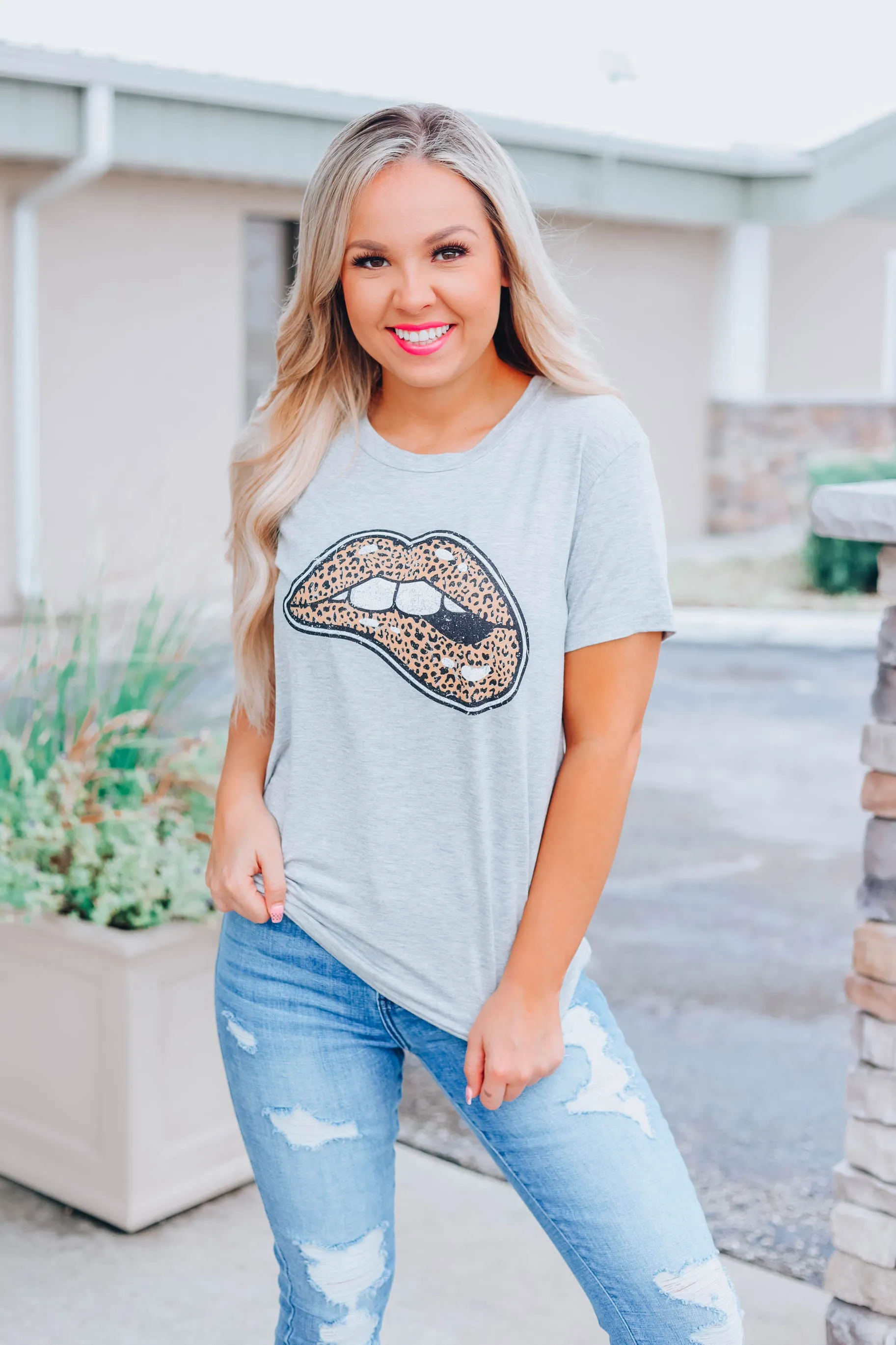 Kiss You Tonight Leopard Graphic Top - Grey
