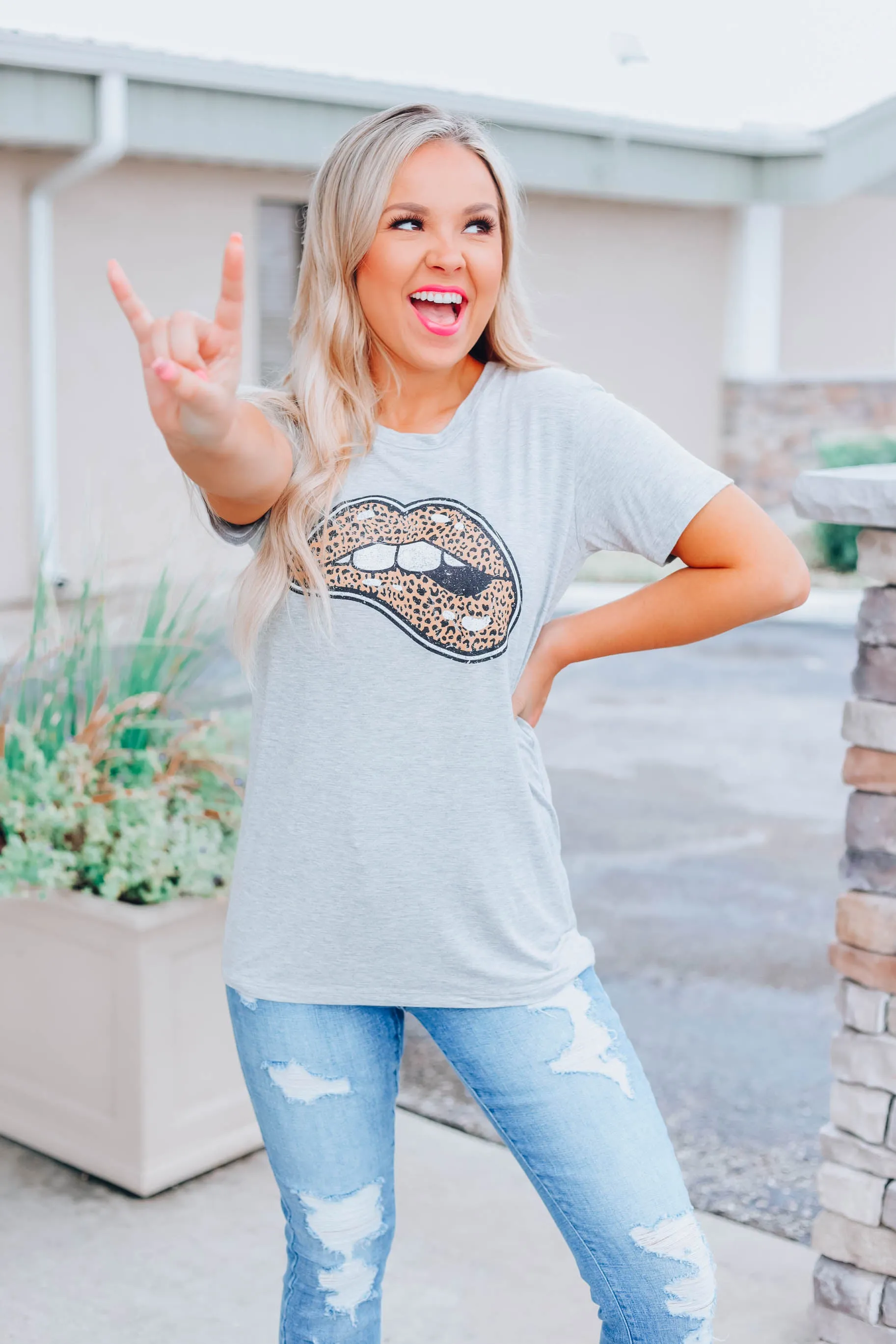 Kiss You Tonight Leopard Graphic Top - Grey