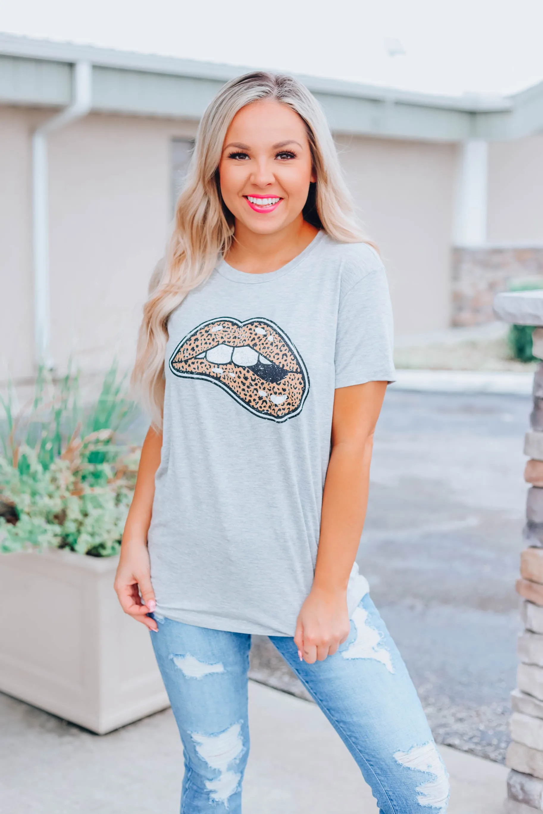 Kiss You Tonight Leopard Graphic Top - Grey