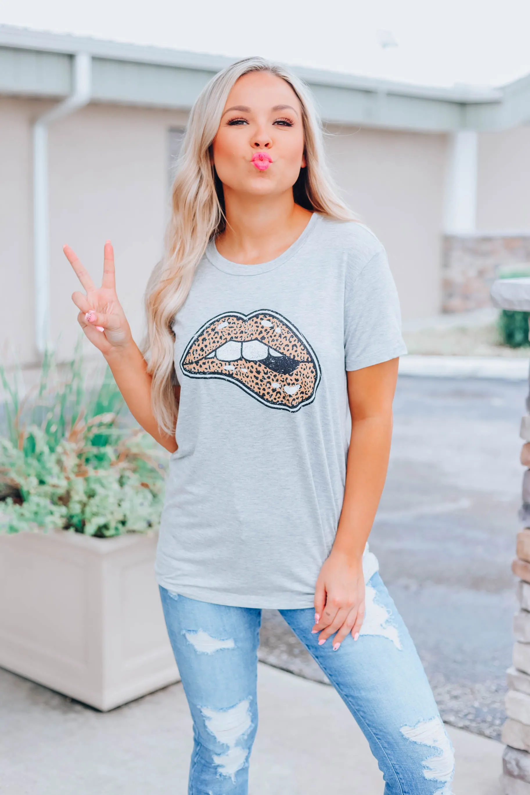 Kiss You Tonight Leopard Graphic Top - Grey