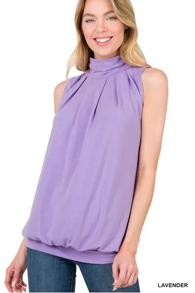 Lavender Sleeveless High Neck Pleated Top