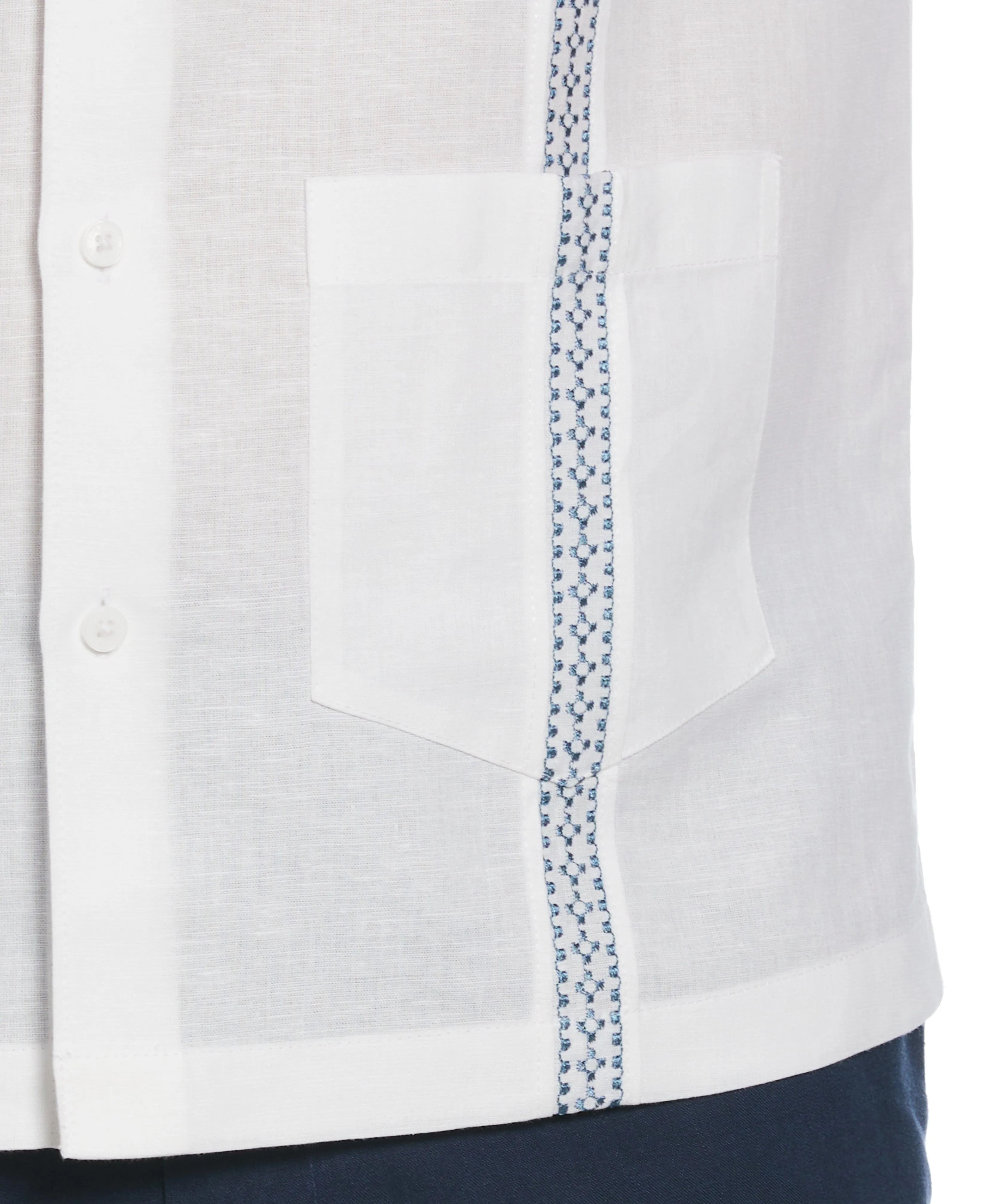 Linen Blend Guayabera Shirt With Geo Embroidered Panels