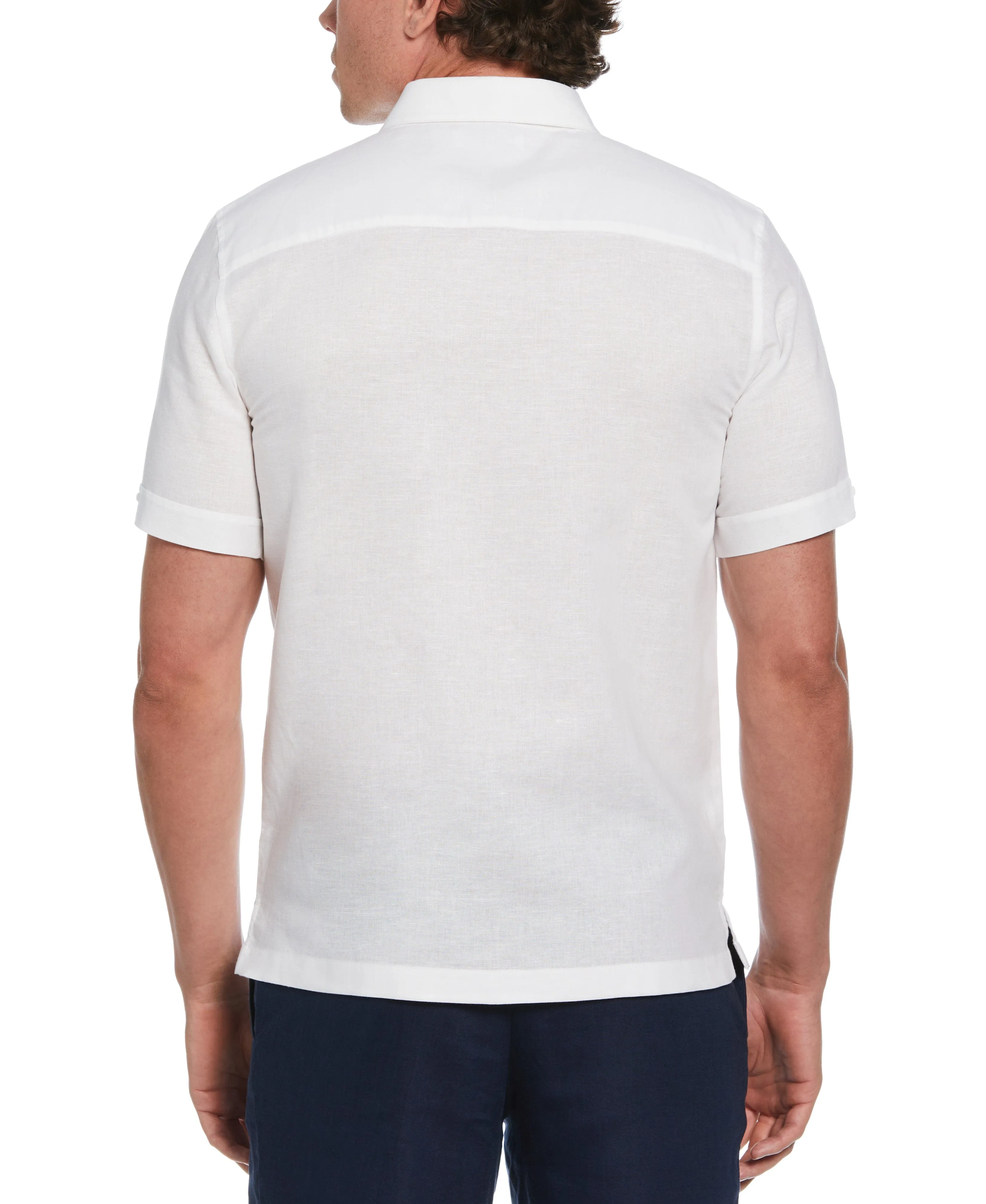 Linen Blend Guayabera Shirt With Geo Embroidered Panels