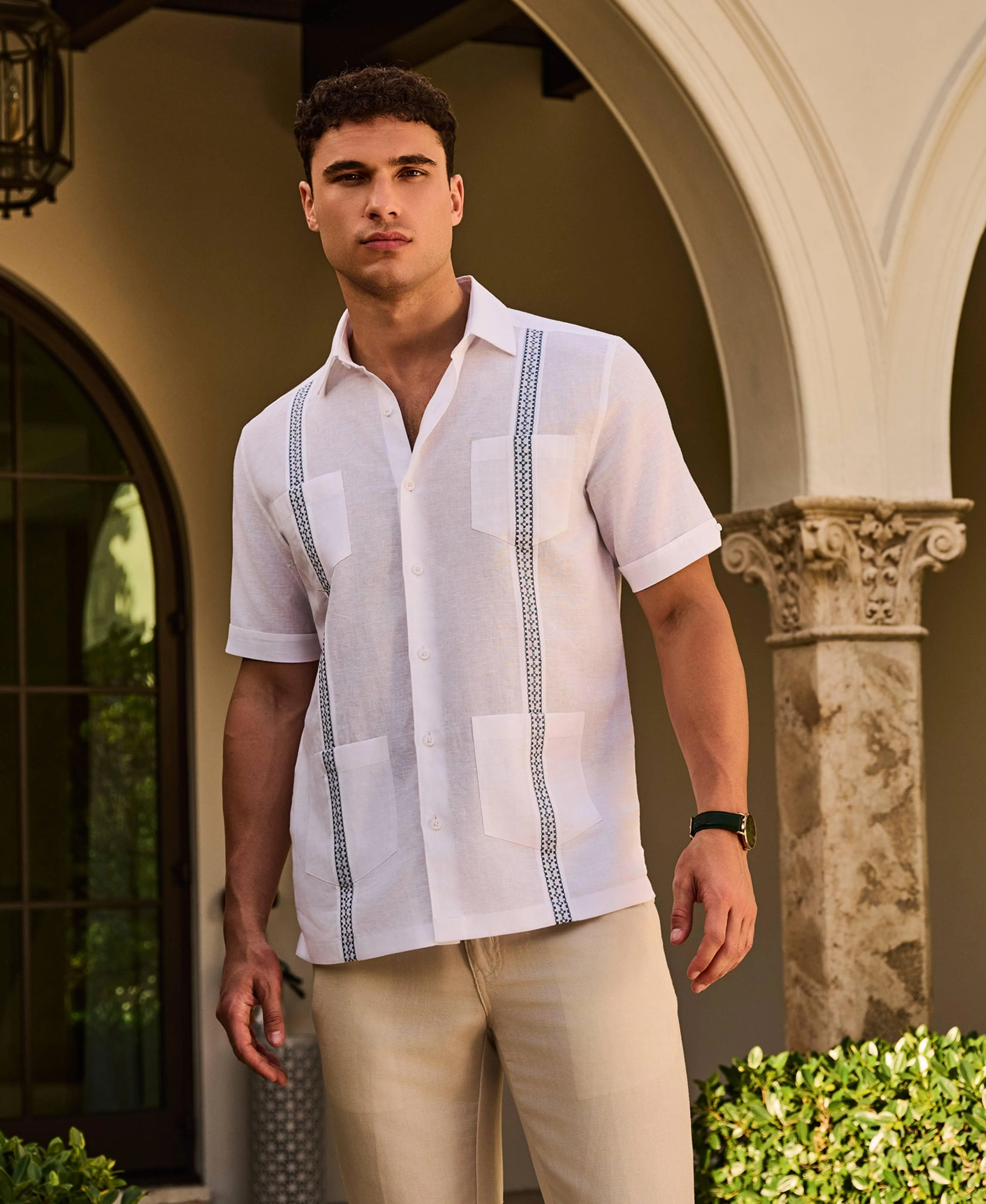 Linen Blend Guayabera Shirt With Geo Embroidered Panels