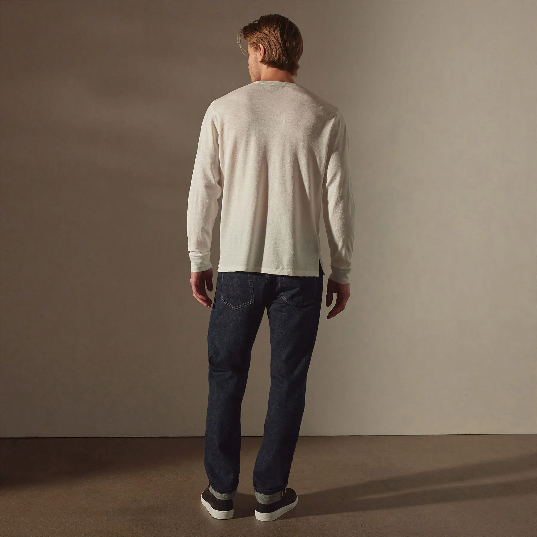 Linen Blend Long Sleeve Contrast Crew - White/Silver Grey