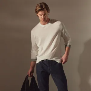 Linen Blend Long Sleeve Contrast Crew - White/Silver Grey