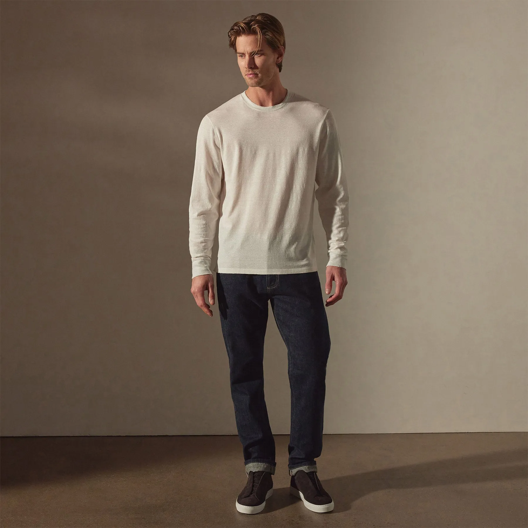 Linen Blend Long Sleeve Contrast Crew - White/Silver Grey