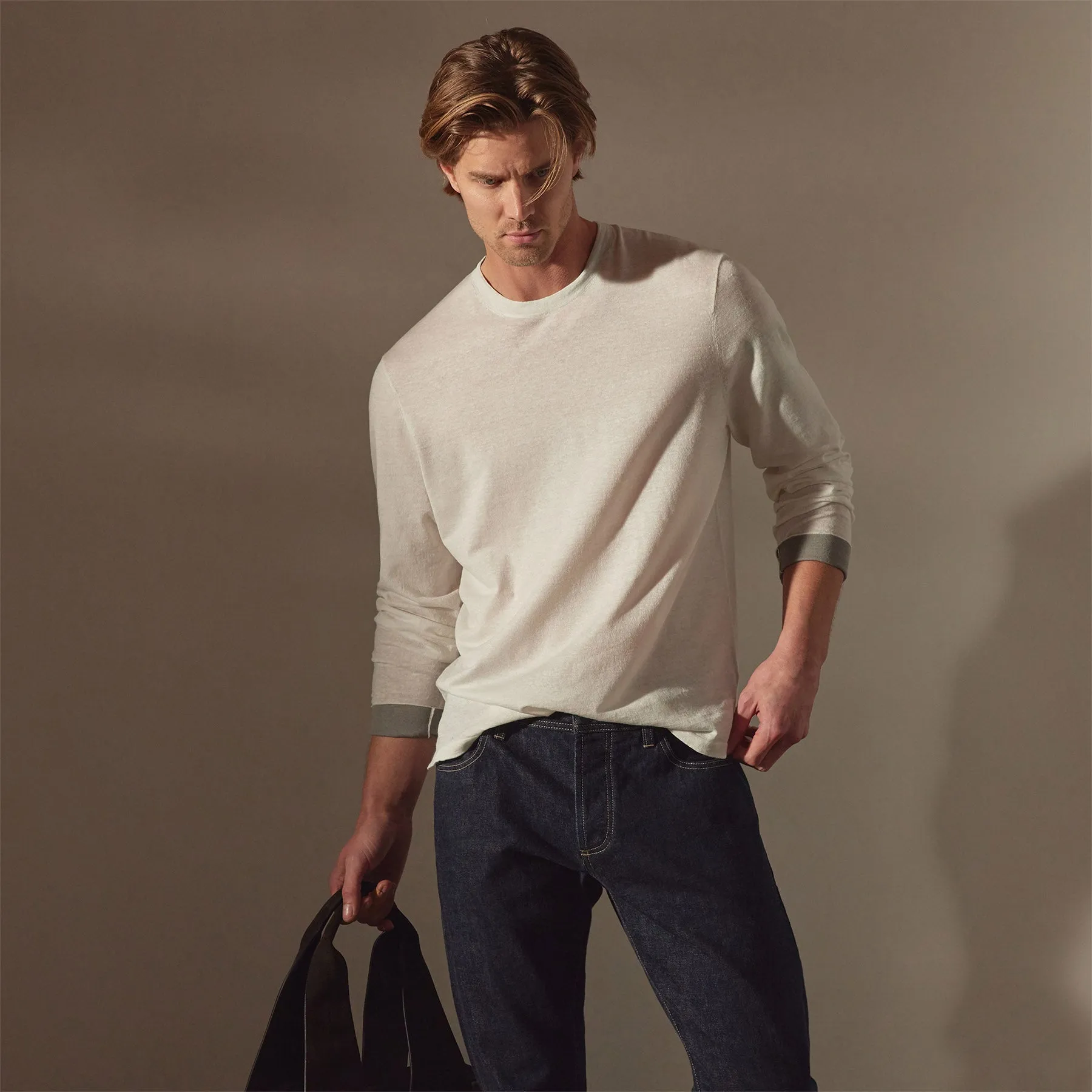Linen Blend Long Sleeve Contrast Crew - White/Silver Grey
