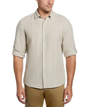 Linen Blend Print Roll Sleeve Shirt
