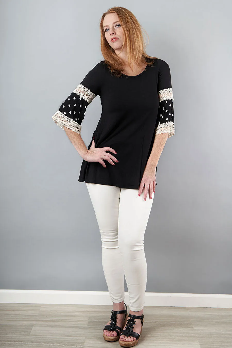 Lots Of Fun Black Blouse With Polka Dot & Lace Sleeves