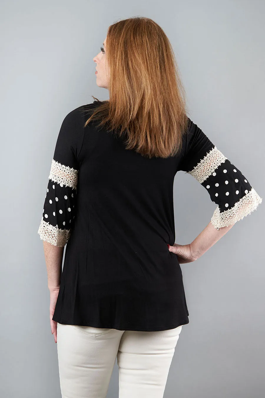 Lots Of Fun Black Blouse With Polka Dot & Lace Sleeves
