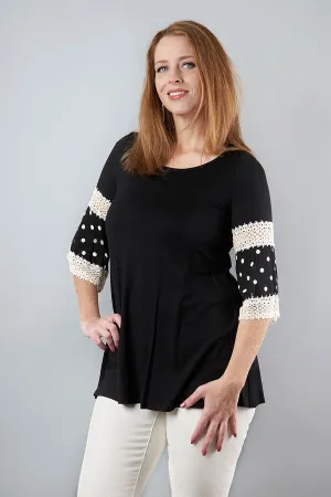 Lots Of Fun Black Blouse With Polka Dot & Lace Sleeves