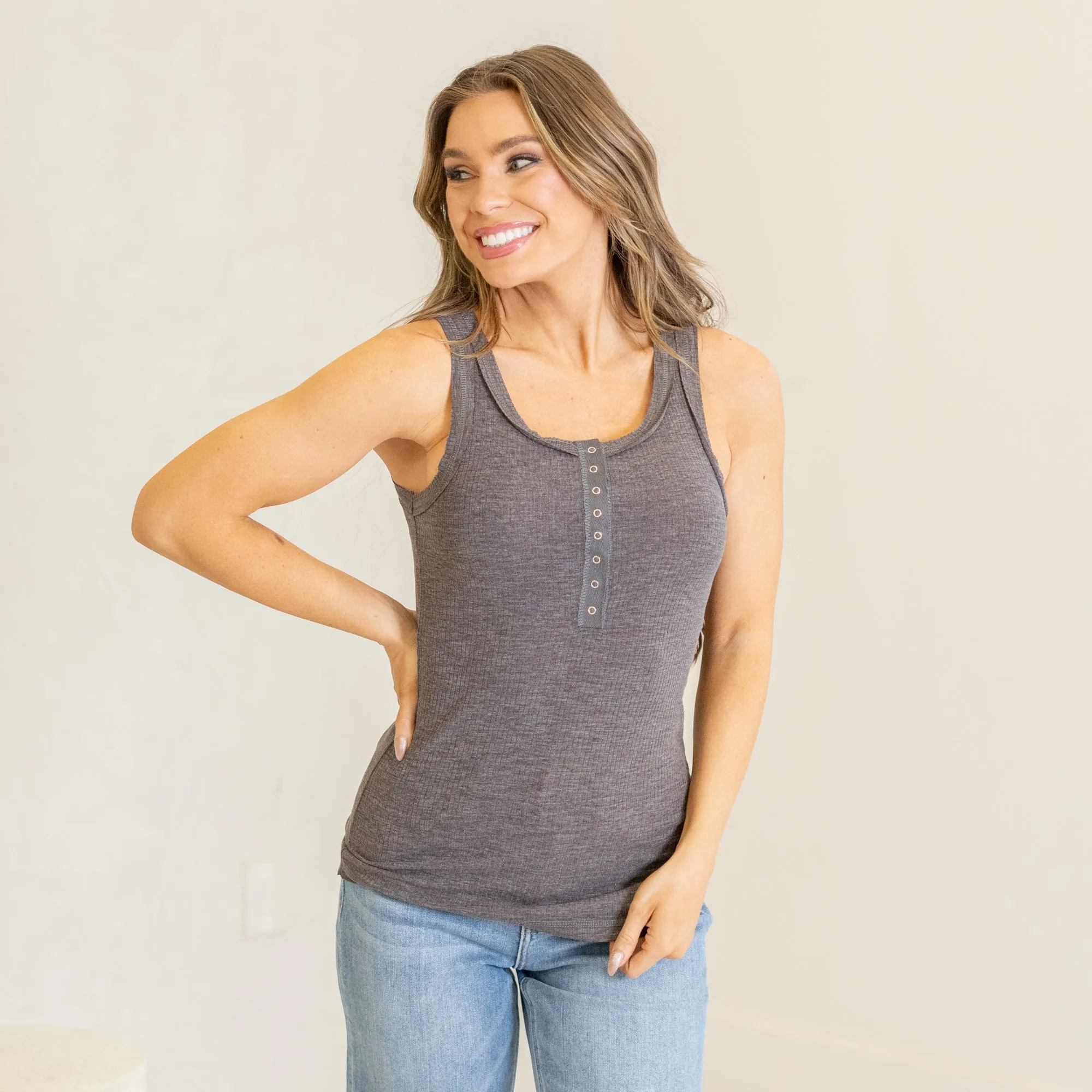 Melange ribbed button closure scoop neck top
