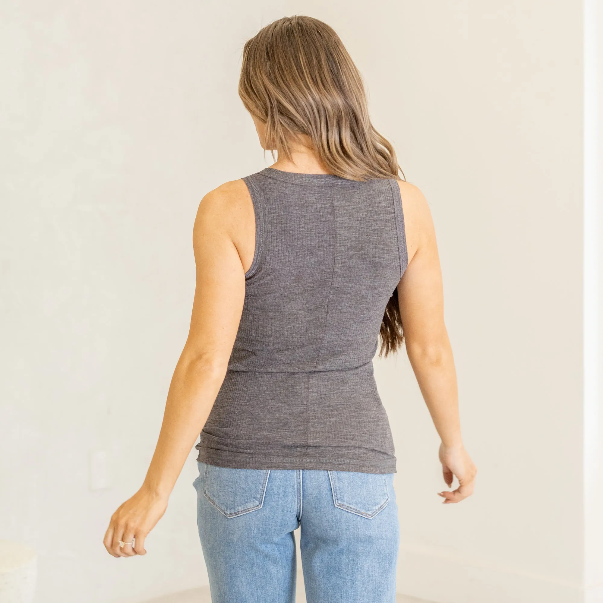 Melange ribbed button closure scoop neck top