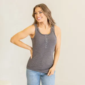 Melange ribbed button closure scoop neck top