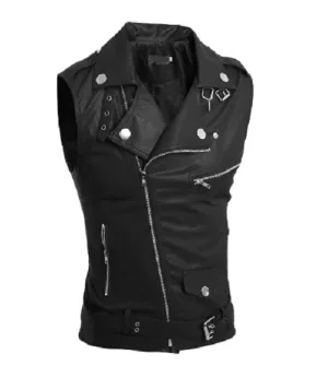Men's Black Leather Biker Vest with Custom Fit Options