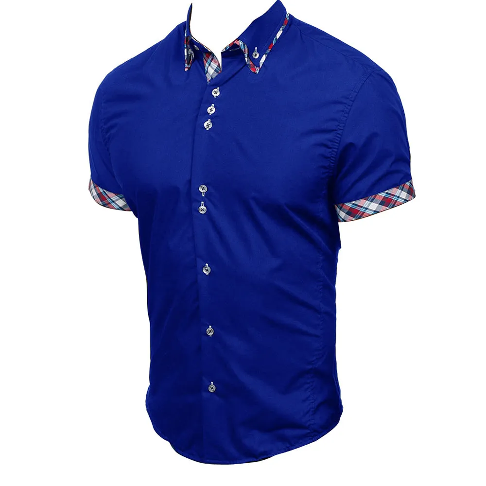 Men's Button down Tailor Fit Soft 100% Cotton Short Sleeve Dress Shirt Medium Blue with Colorful Check casual And Formal