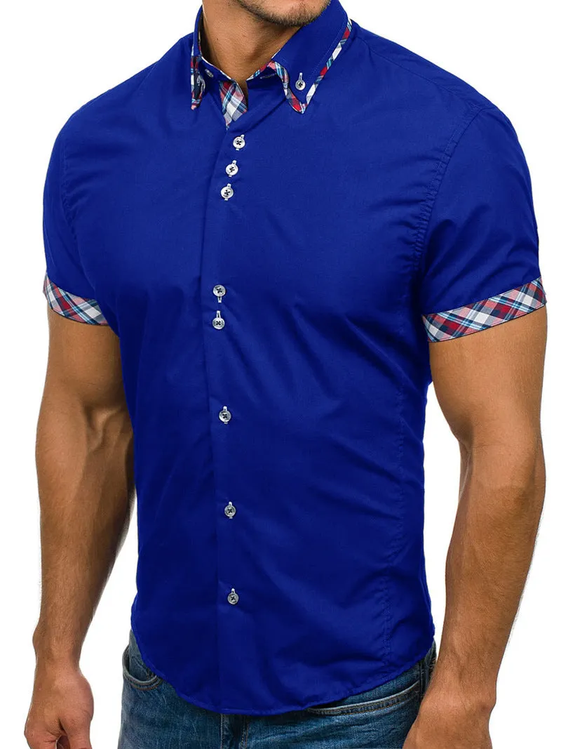 Men's Button down Tailor Fit Soft 100% Cotton Short Sleeve Dress Shirt Medium Blue with Colorful Check casual And Formal