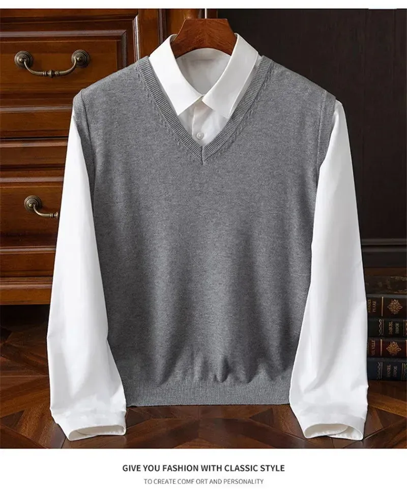 Men’s Cashmere Knitted Sweater Vest | V-Neck Solid Color Pullover | Classic Spring & Autumn Layering Top