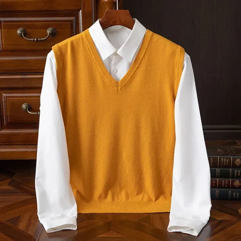 Men’s Cashmere Knitted Sweater Vest | V-Neck Solid Color Pullover | Classic Spring & Autumn Layering Top