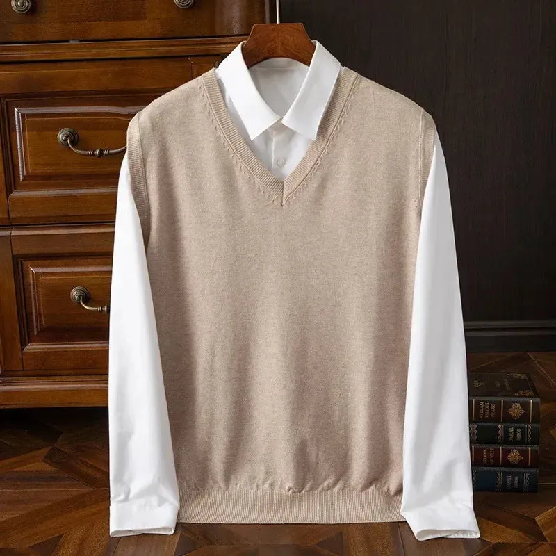 Men’s Cashmere Knitted Sweater Vest | V-Neck Solid Color Pullover | Classic Spring & Autumn Layering Top