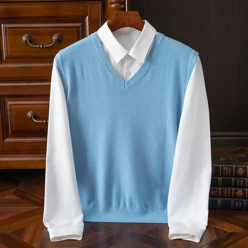 Men’s Cashmere Knitted Sweater Vest | V-Neck Solid Color Pullover | Classic Spring & Autumn Layering Top