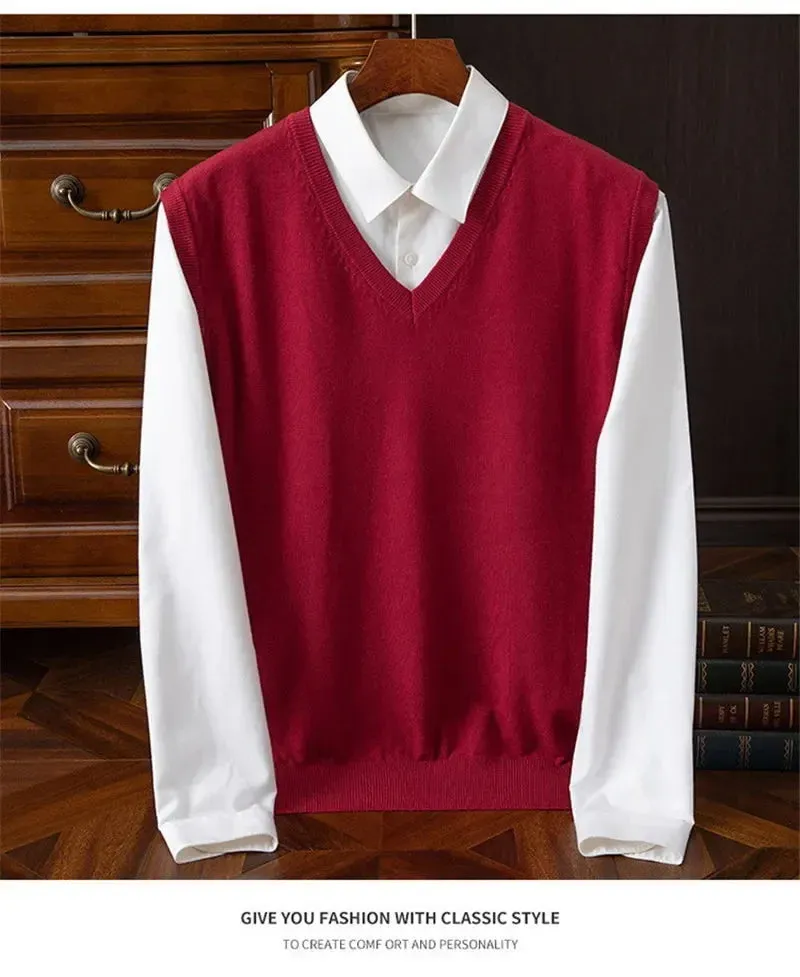 Men’s Cashmere Knitted Sweater Vest | V-Neck Solid Color Pullover | Classic Spring & Autumn Layering Top