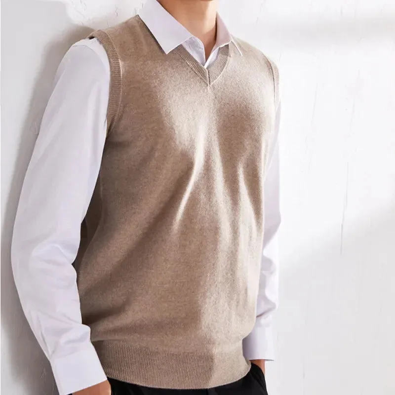Men’s Cashmere Knitted Sweater Vest | V-Neck Solid Color Pullover | Classic Spring & Autumn Layering Top