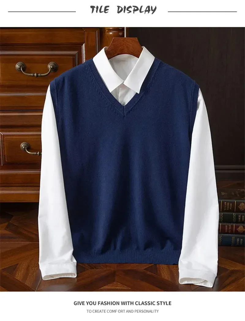 Men’s Cashmere Knitted Sweater Vest | V-Neck Solid Color Pullover | Classic Spring & Autumn Layering Top