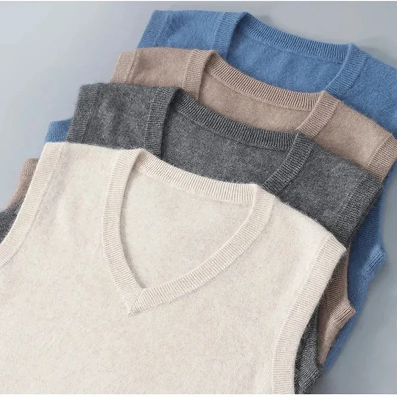 Men’s Cashmere Knitted Sweater Vest | V-Neck Solid Color Pullover | Classic Spring & Autumn Layering Top