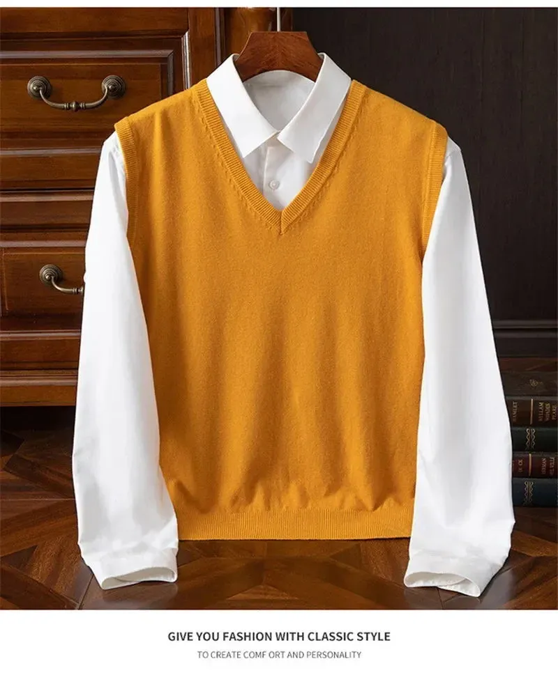 Men’s Cashmere Knitted Sweater Vest | V-Neck Solid Color Pullover | Classic Spring & Autumn Layering Top