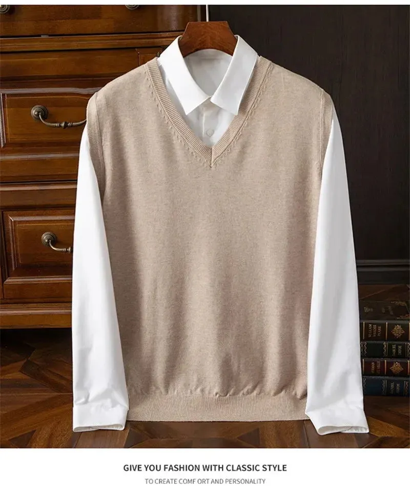 Men’s Cashmere Knitted Sweater Vest | V-Neck Solid Color Pullover | Classic Spring & Autumn Layering Top