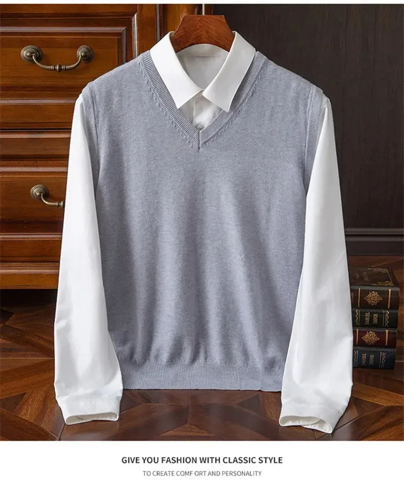 Men’s Cashmere Knitted Sweater Vest | V-Neck Solid Color Pullover | Classic Spring & Autumn Layering Top